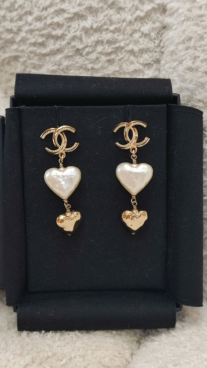 Chanel 22C Heart Pearly White CC Logo Dangling Earrings