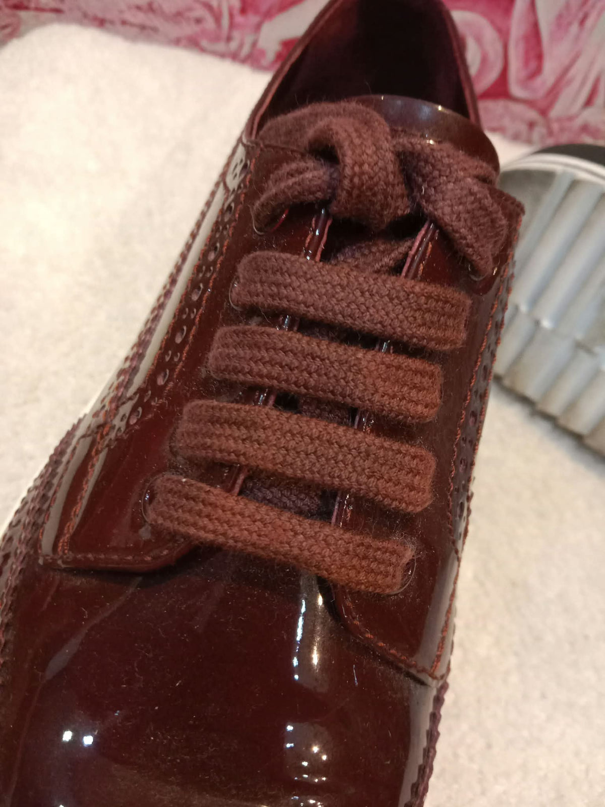 Prada Wingtip Brogue Derby Patent Platform Burgundy Size 37.5