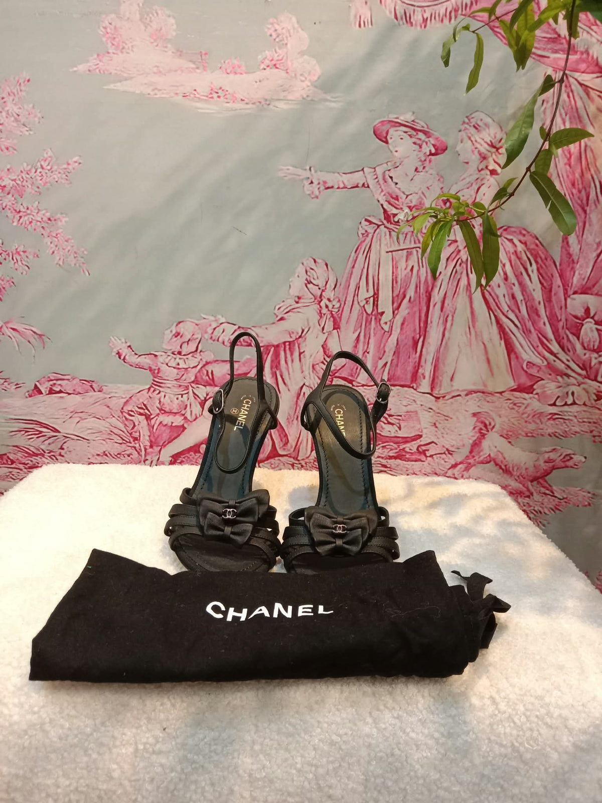 Chanel Ankle-Strap Tiered Bow CC Logo Sandals Black Size 37 1/2