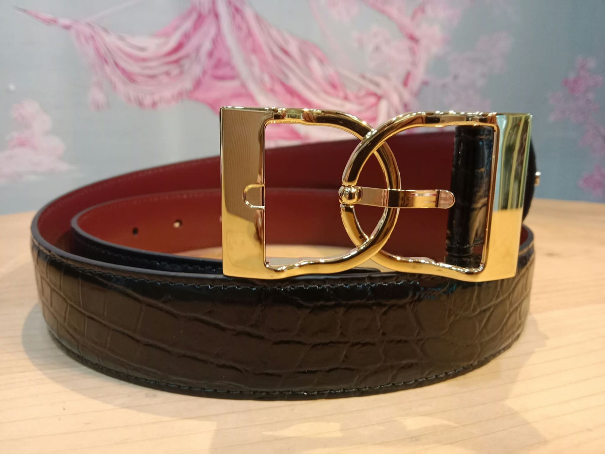 Chanel Crocodile Embossed Calfskin & Metal Belt Black Brandnew