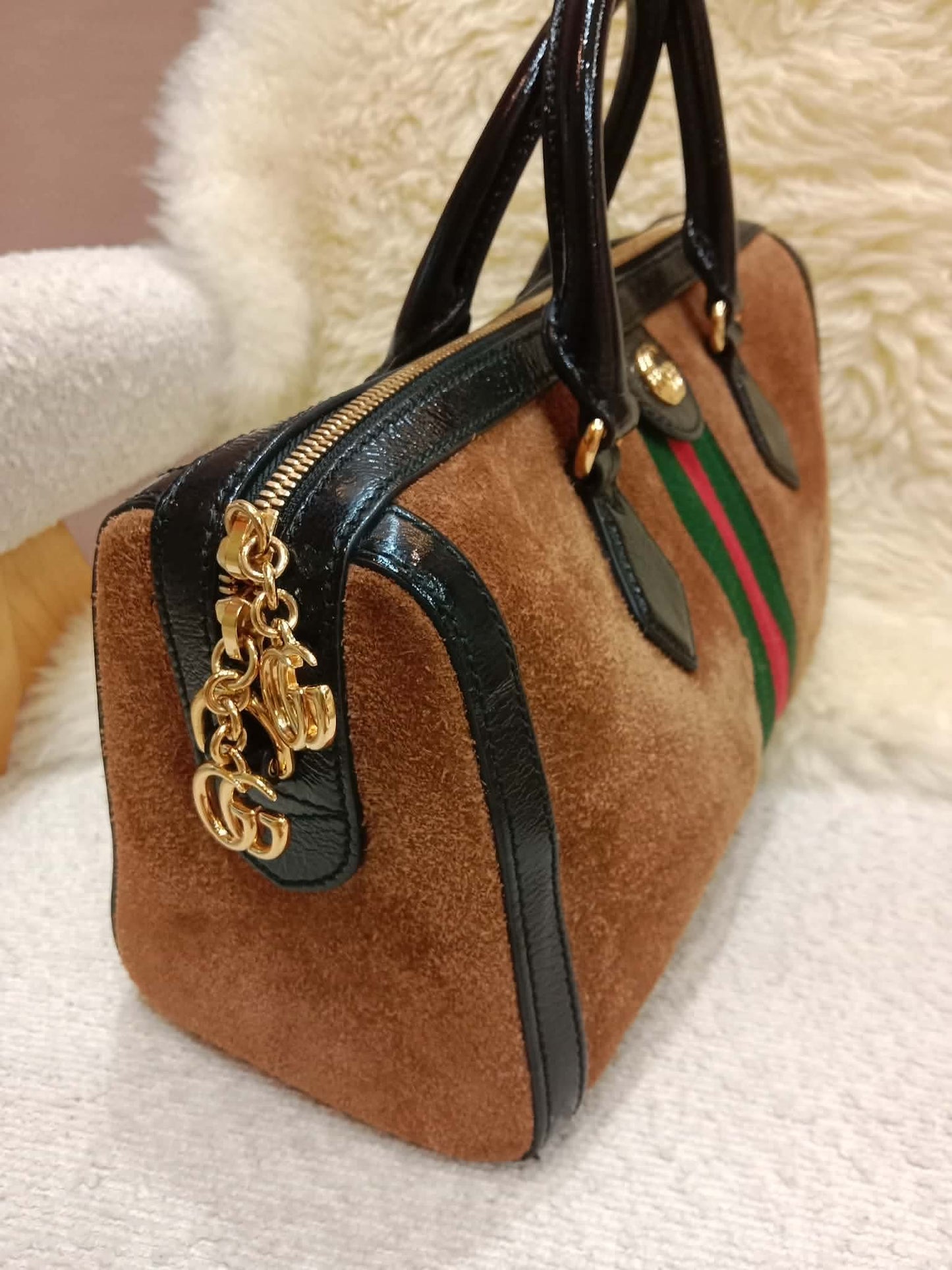 Gucci Ophidia Brown Suede Boston Bag