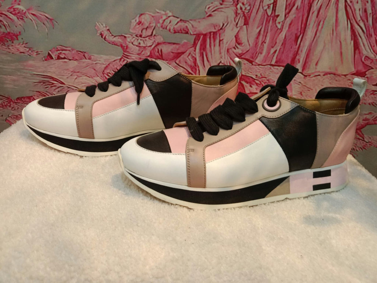 Hermes Rebus Sneakers Rose Aube/Black/White/Taupe Size 37.5