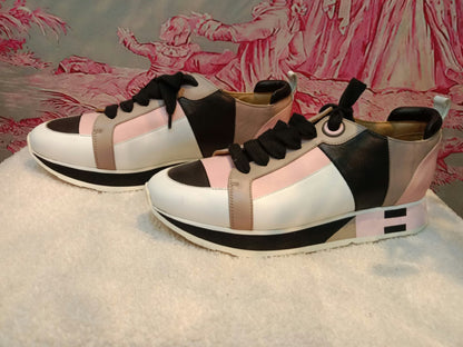 Hermes Rebus Sneakers Rose Aube/Black/White/Taupe Size 37.5