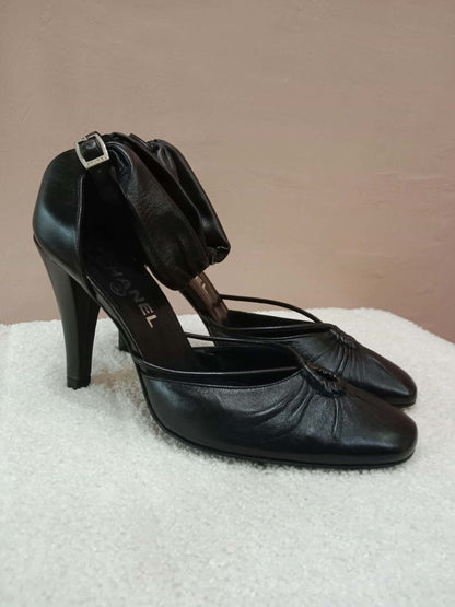 Chanel Black Leather Heels Knotted Toe Design and Draped Ankle Cuff Black Size 38