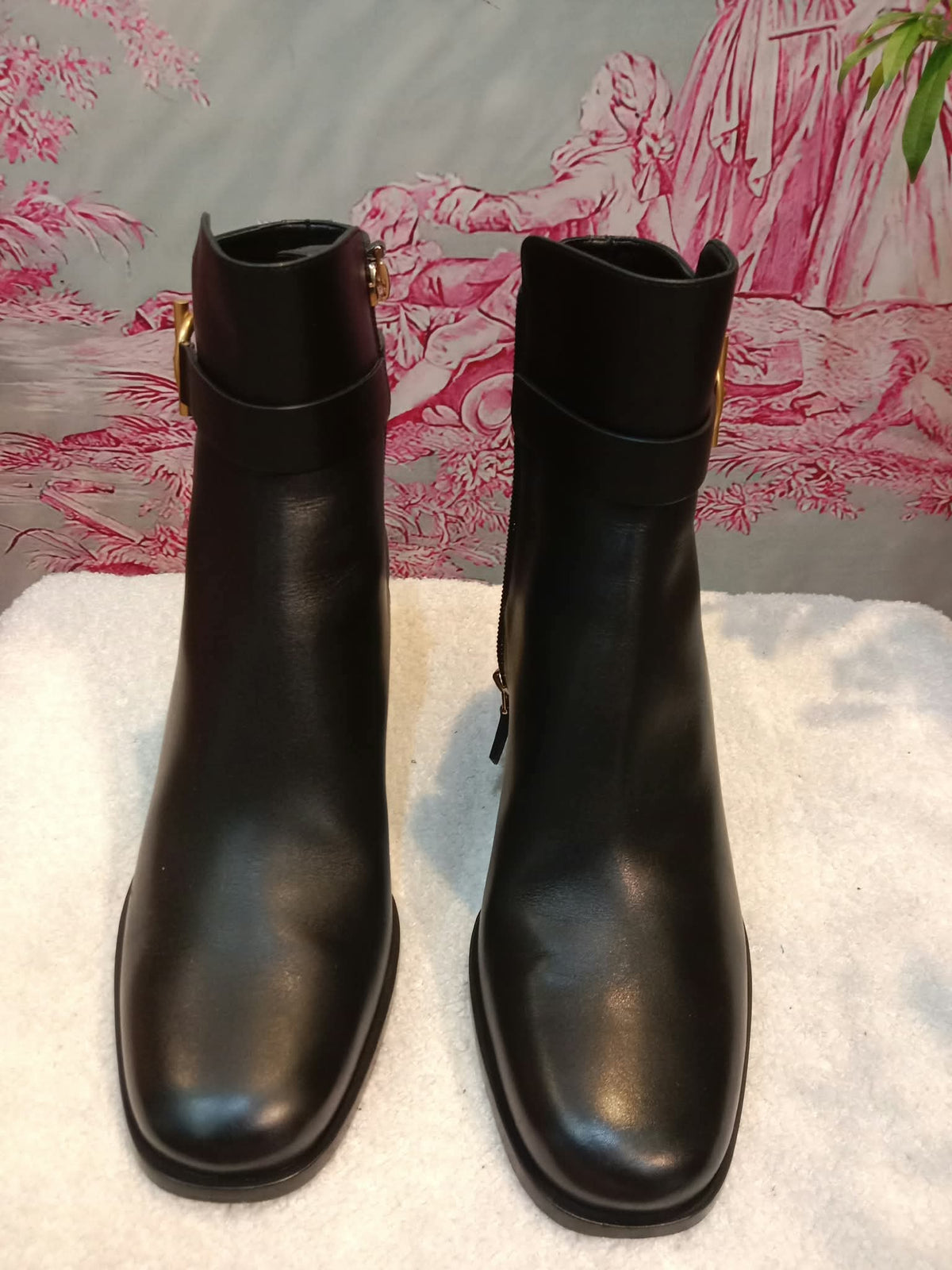 Hermes Jill 60 Ankle Boots Black Calfskin Aged Golden "Glenan" Nautical-Style Buckle Size 38.5