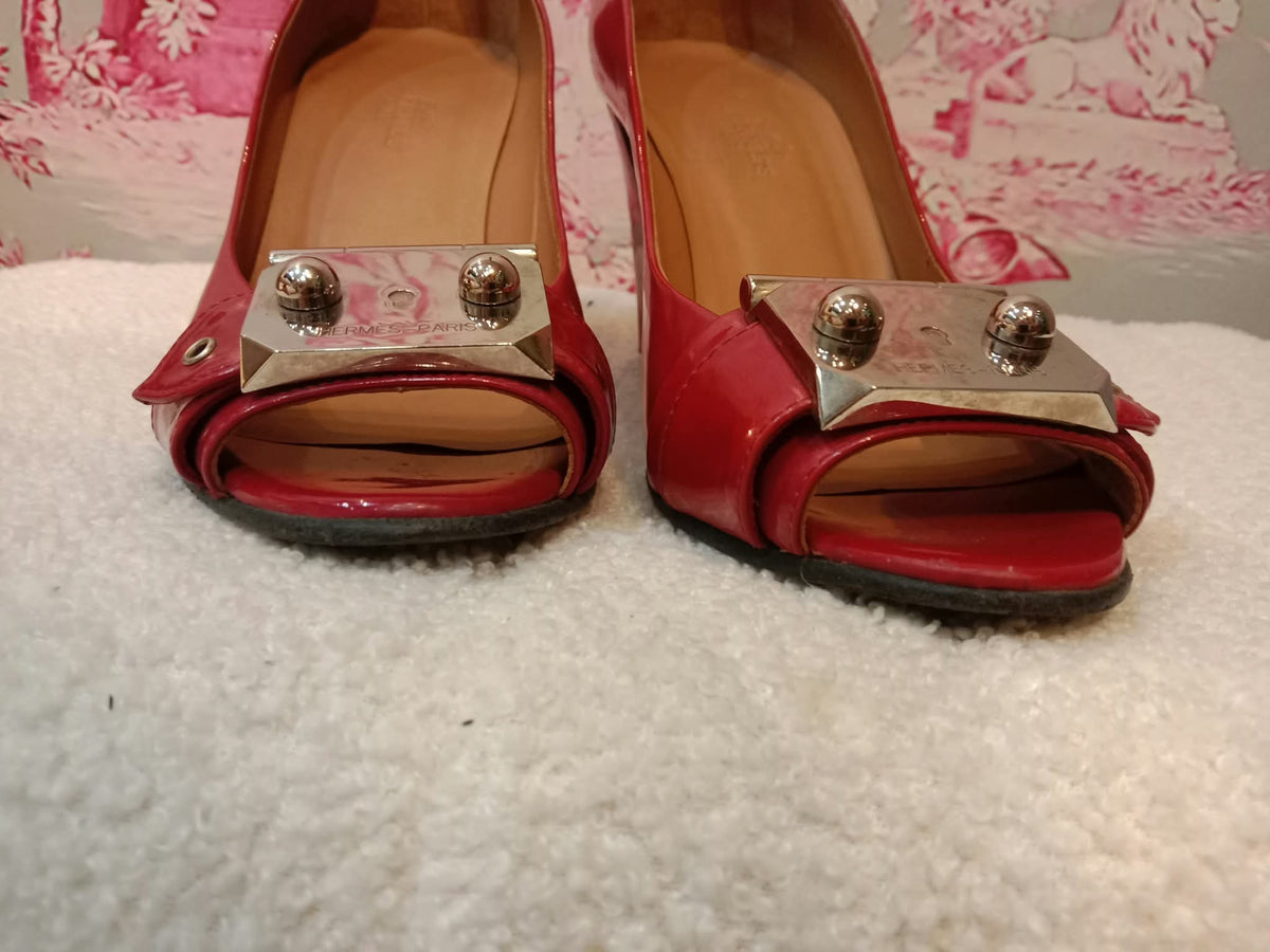 Hermes Heels Sandals Red Patent Size 38
