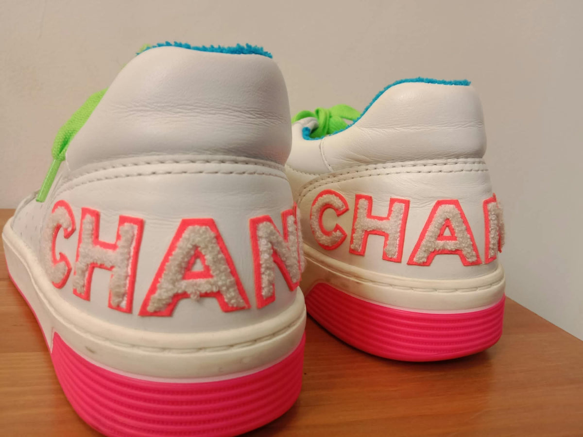 Chanel White Leather CC Lace-Up Sneakers Neon Multicolor Size 37