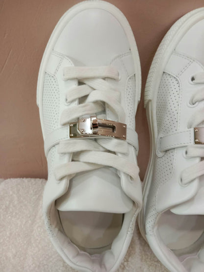 Hermes Day White Kelly Sneakers Rose Gold Buckle Size 35