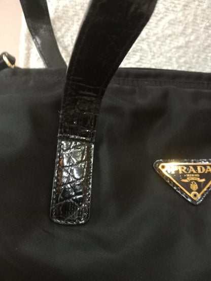 Prada Vintage Tessuto Tote Nylon/Crocodile Embossed Leather Bag