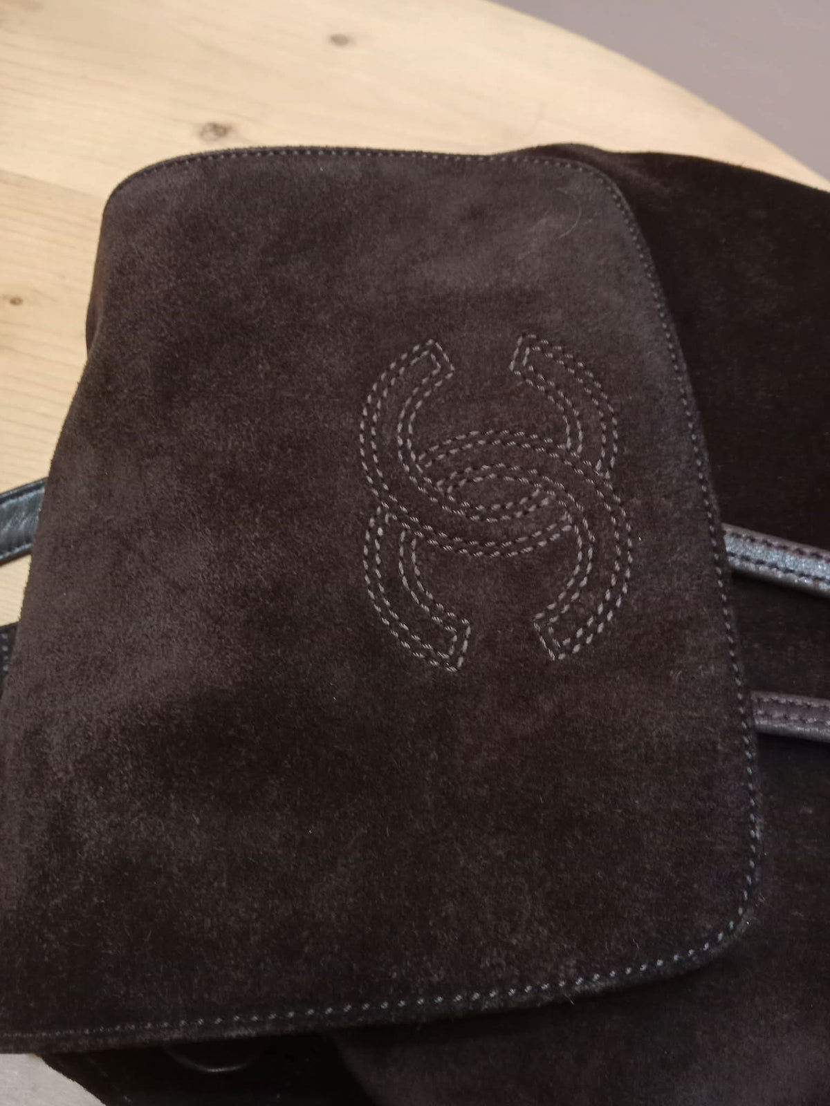 Chanel Vintage Karl Lagerfeld Dark Brown Suede Backpack featuring stitched CC Logo Flap Series 5