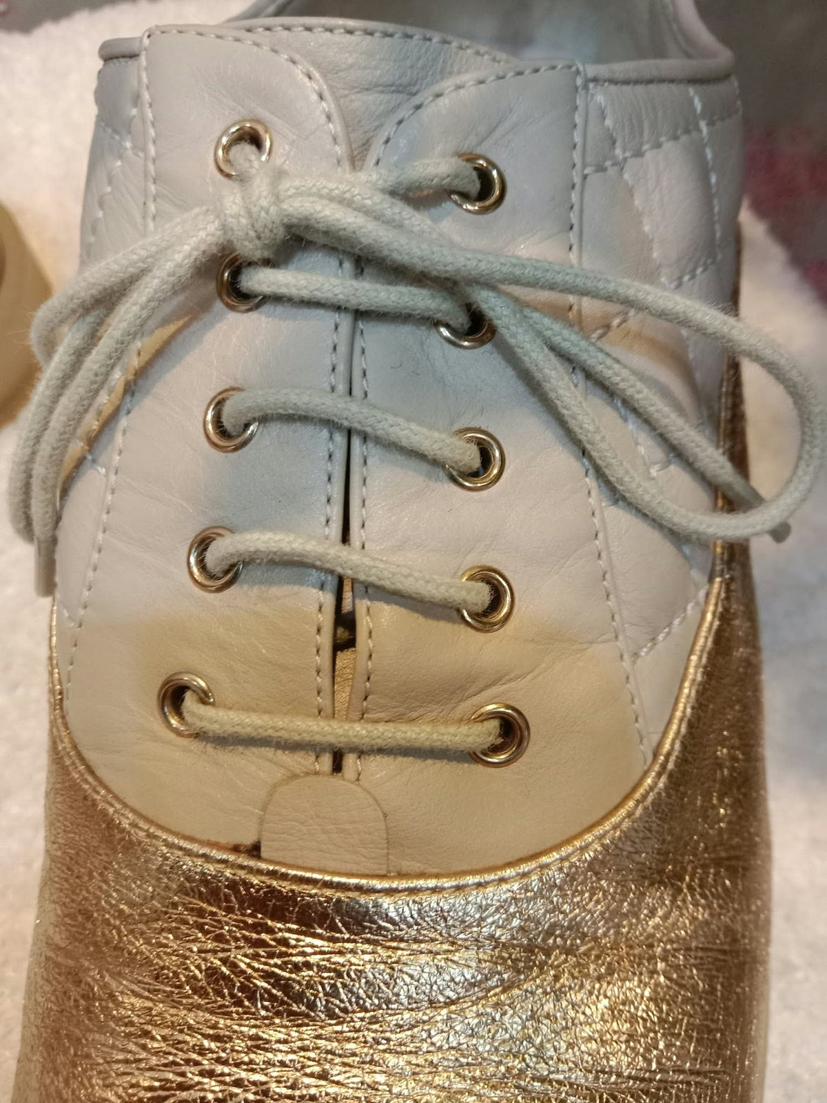 Chanel Interlocking CC Logo Metallic Gold/Beige Lace-up Sneakers with Black Cap Toe Size 35