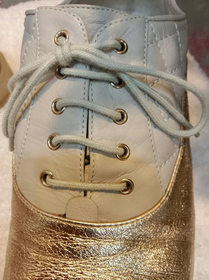 Chanel Interlocking CC Logo Metallic Gold/Beige Lace-up Sneakers with Black Cap Toe Size 35