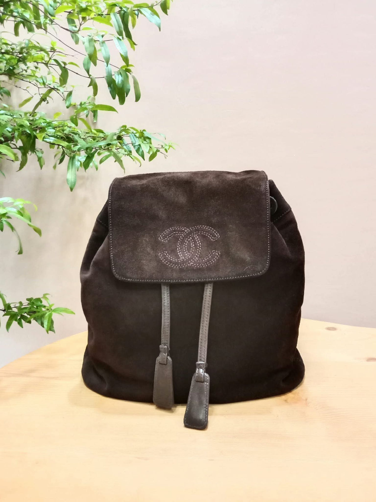 Chanel Vintage Karl Lagerfeld Dark Brown Suede Backpack featuring stitched CC Logo Flap Series 5