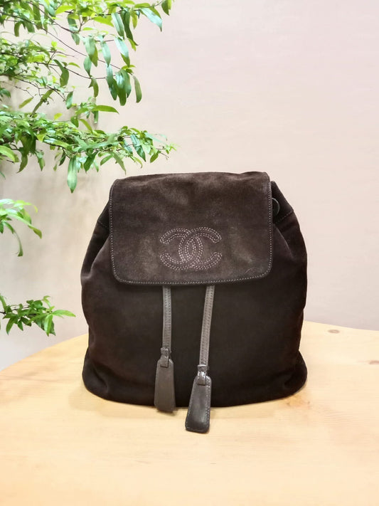 Chanel Vintage Karl Lagerfeld Dark Brown Suede Backpack featuring stitched CC Logo Flap Series 5