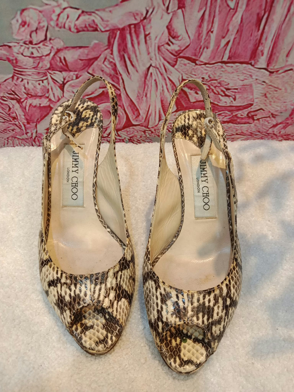 Jimmy Choo Python-Embossed Open-Toe Slingback Pumps Size 35