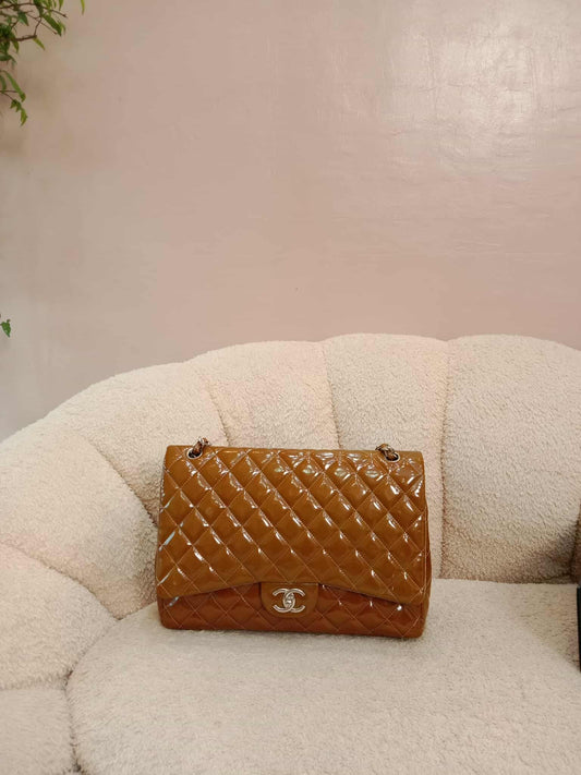 Chanel Quilted Maxi Double Flap Patent Tan Series 15