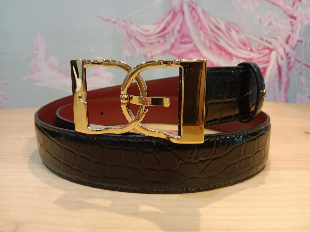 Chanel Crocodile Embossed Calfskin & Metal Belt Black Brandnew