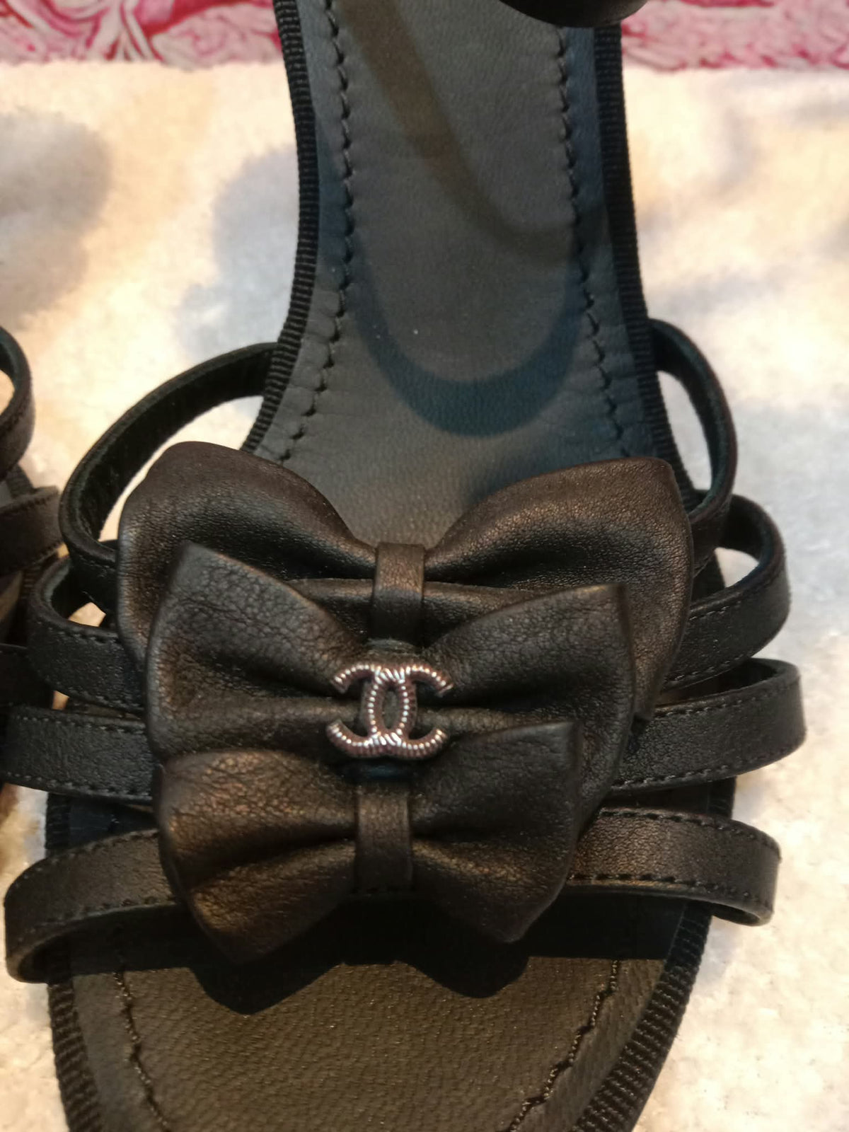 Chanel Ankle-Strap Tiered Bow CC Logo Sandals Black Size 37 1/2