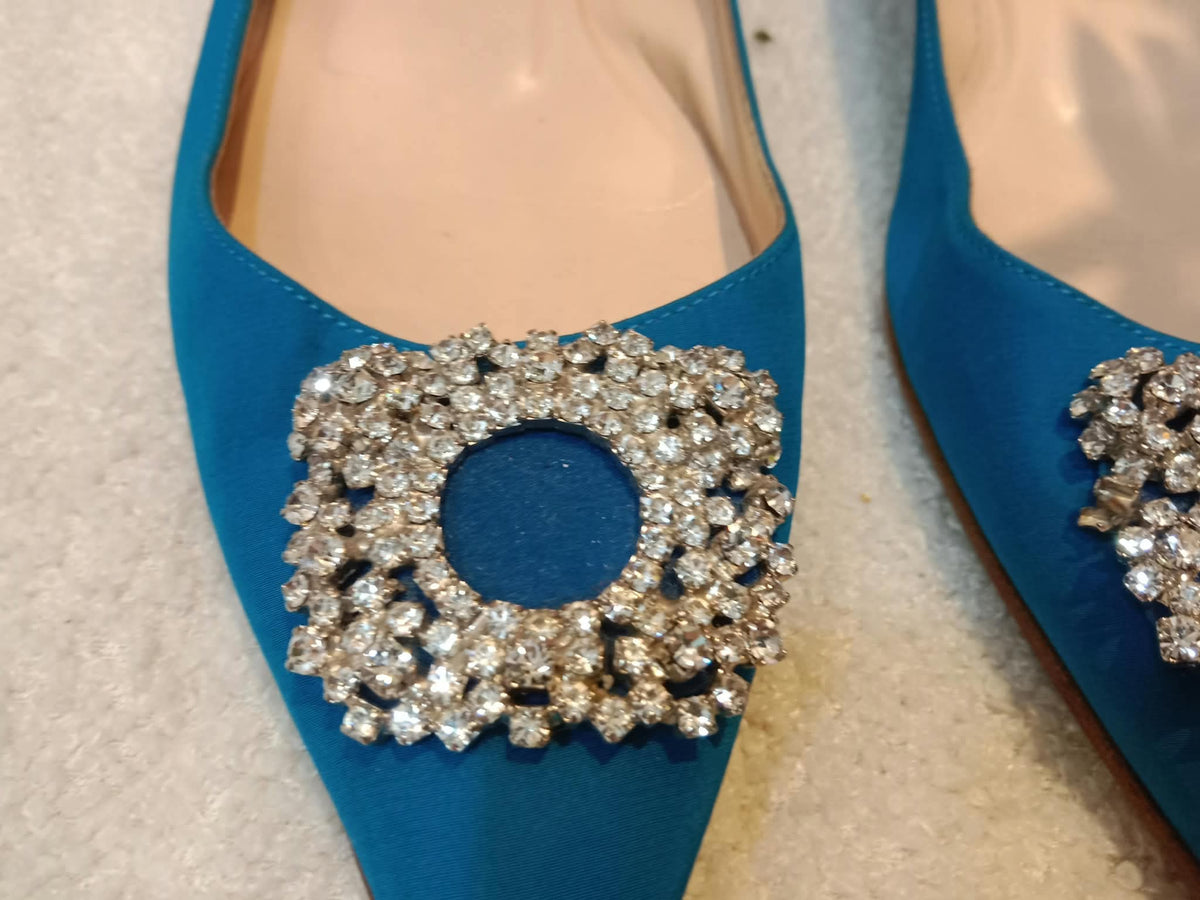 Manolo Blahnik Blue Satin Jewel Buckle Flat Pumps Size 37