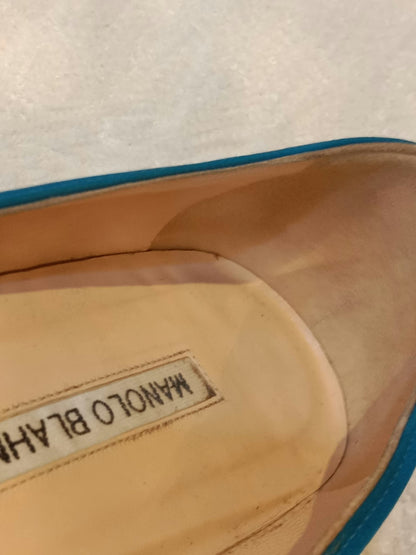 Manolo Blahnik Blue Satin Jewel Buckle Flat Pumps Size 37