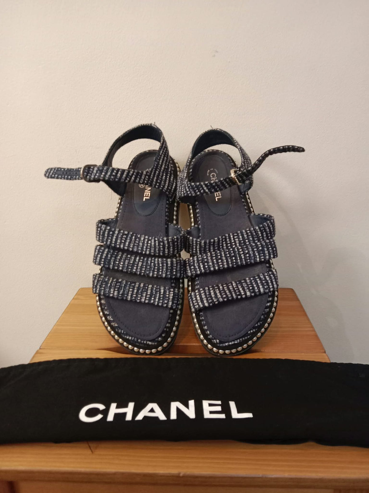 Chanel Navy Tweed Faux Pearl Trimmed Sandals Size 37