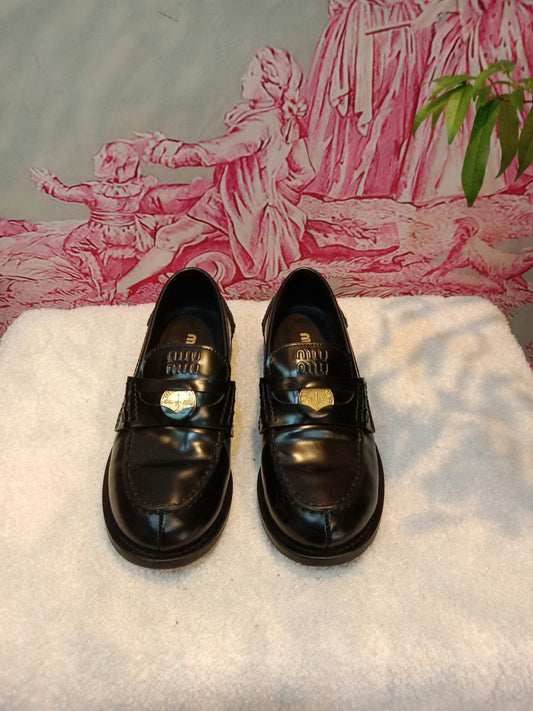 Miu Miu Brushed Penny Loafers Leather Black Size 35