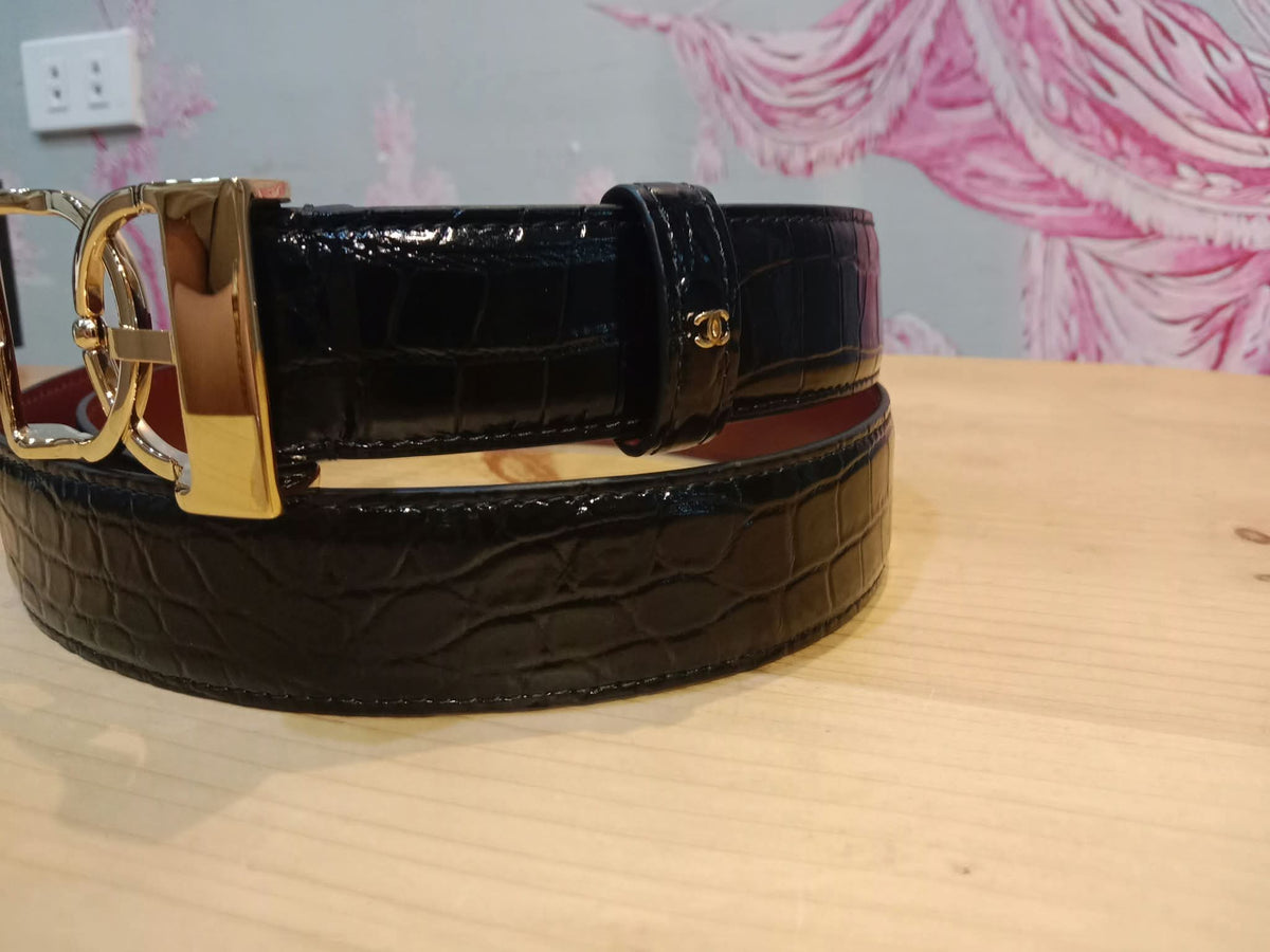 Chanel Crocodile Embossed Calfskin & Metal Belt Black Brandnew