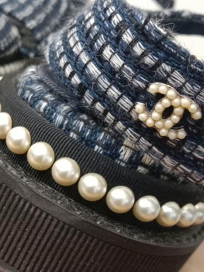 Chanel Navy Tweed Faux Pearl Trimmed Sandals Size 37