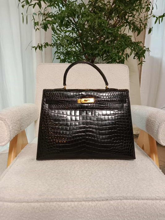 Hermes Kelly 35 Crocodile Noir Stamp G Circle 1977