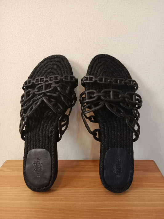 Hermes Ancone Espadrille Sandals Black Size 35