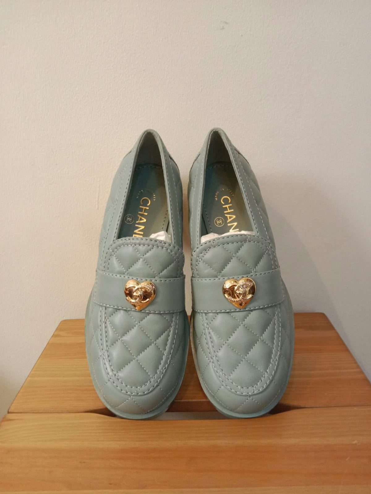 Chanel Quilted Chunky-Heeled Loafers Lambskin Light Teal Size 36.5