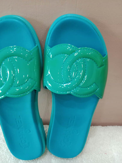 Chanel Turquiose and Green Patent Leather CC Flat Slide Sandals Size 36