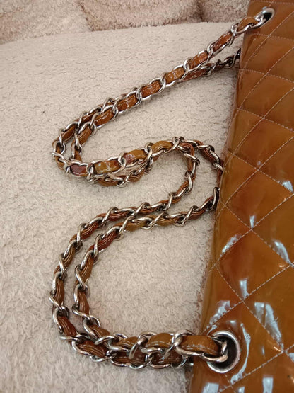 Chanel Quilted Maxi Double Flap Patent Tan Series 15