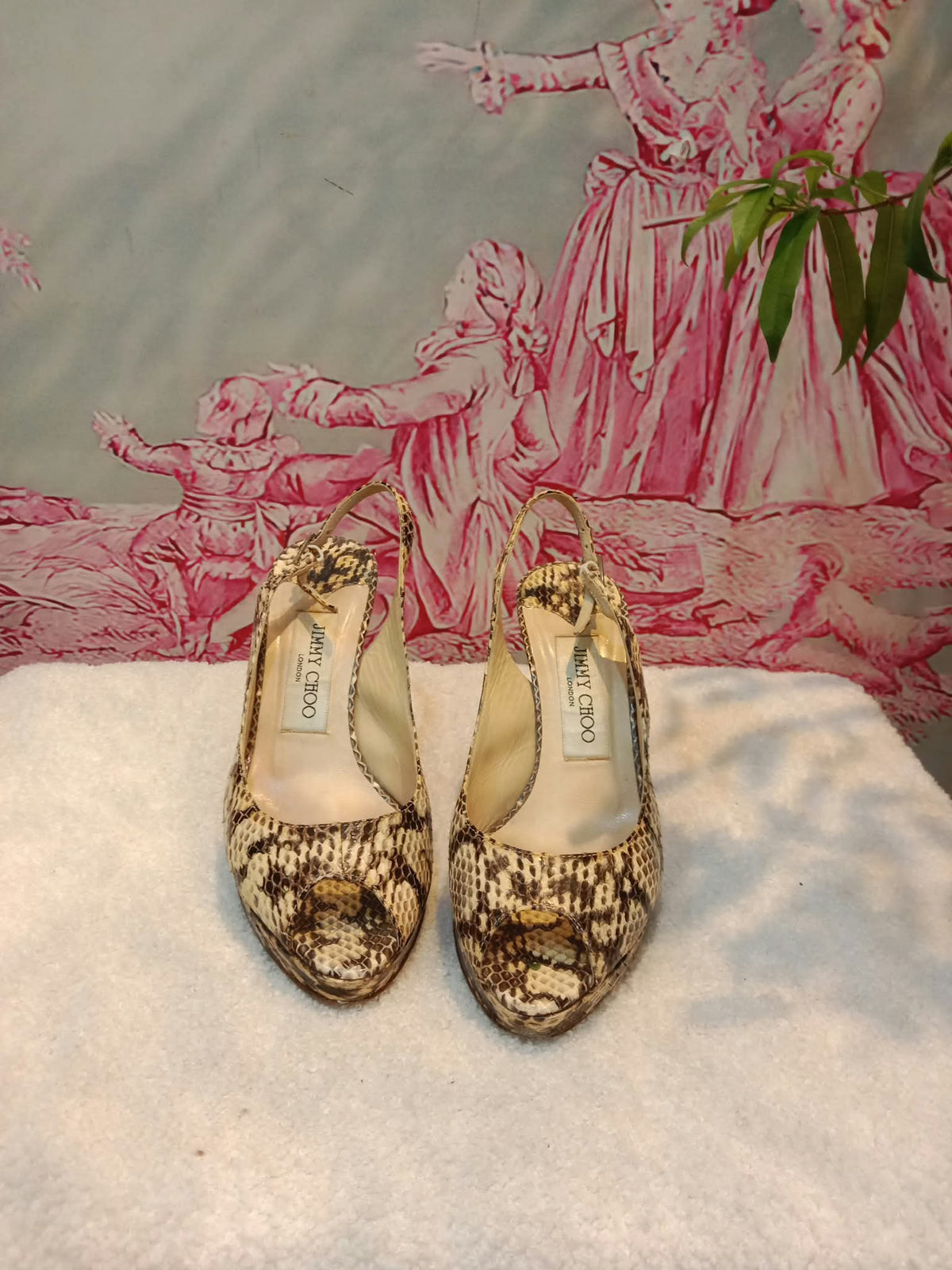 Jimmy Choo Python-Embossed Open-Toe Slingback Pumps Size 35