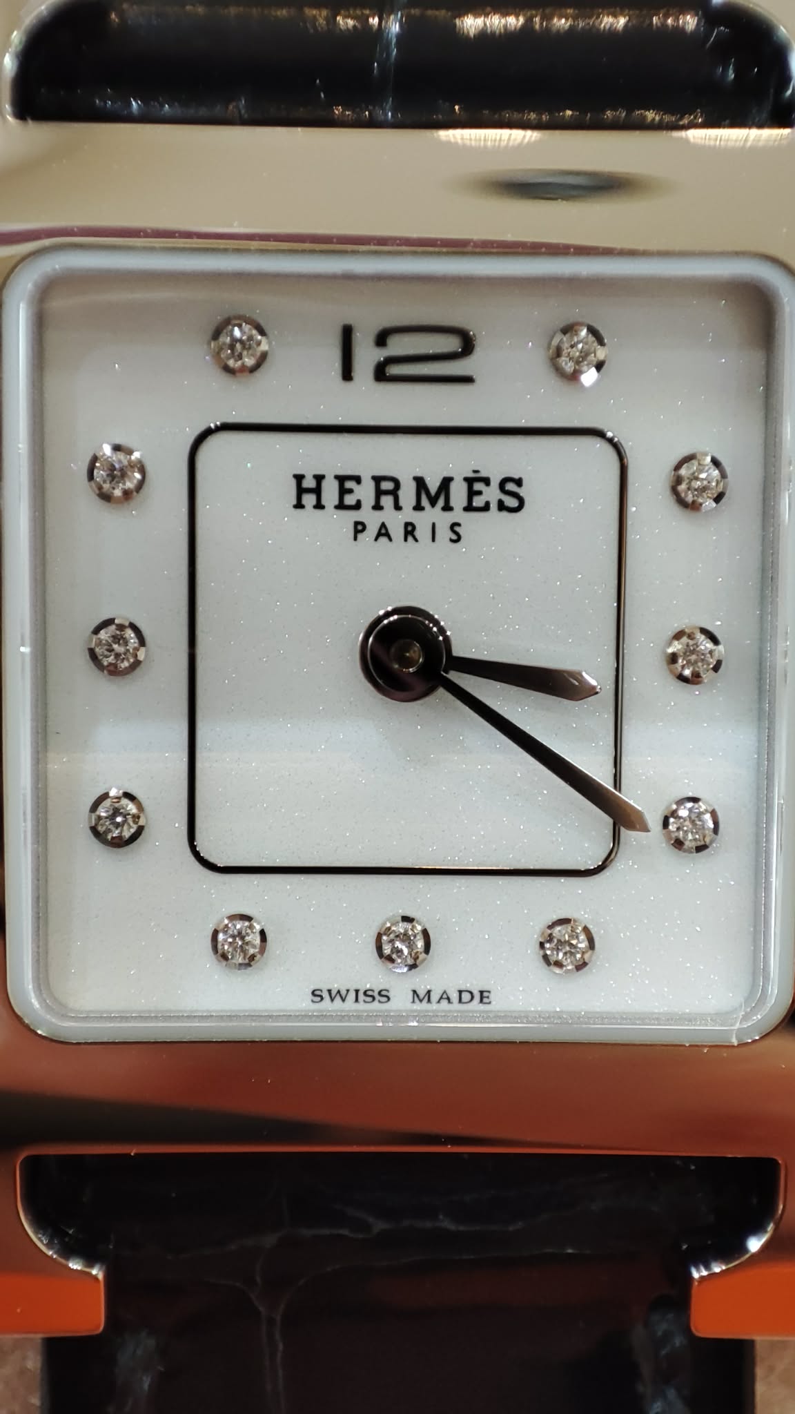 Hermes H Watch Noir Croc Leather Strap