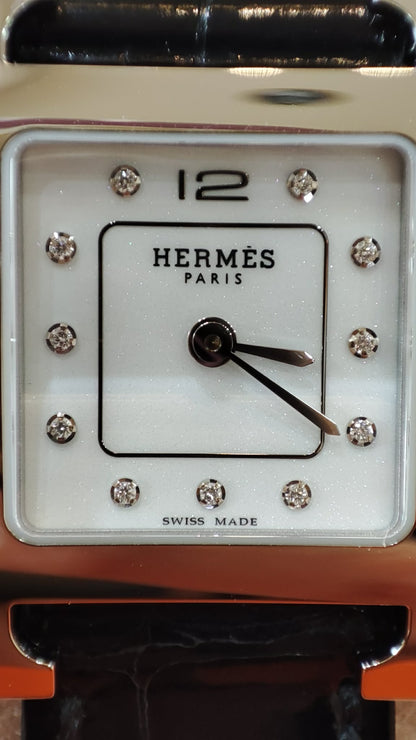 Hermes H Watch Noir Croc Leather Strap