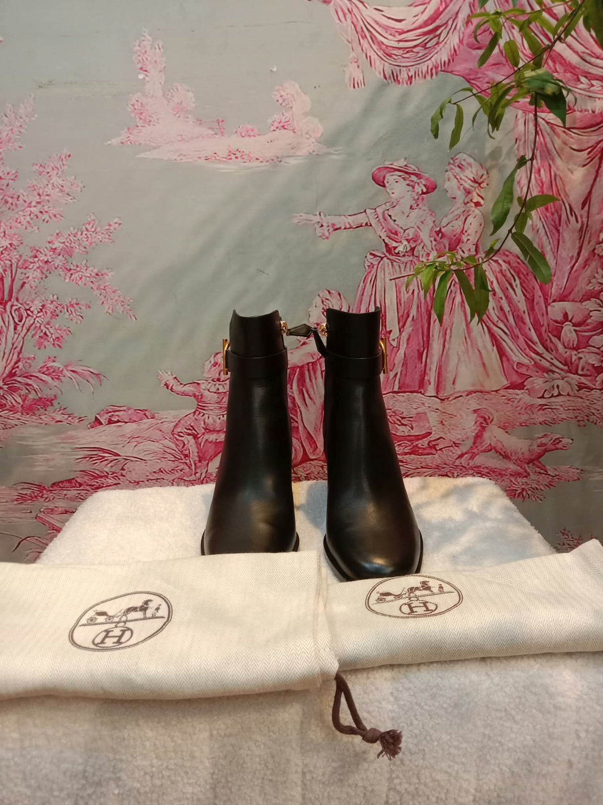 Hermes Jill 60 Ankle Boots Black Calfskin Aged Golden "Glenan" Nautical-Style Buckle Size 38.5