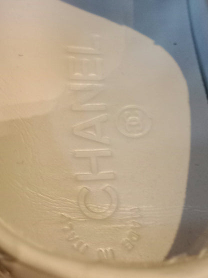 Chanel Interlocking CC Logo Metallic Gold/Beige Lace-up Sneakers with Black Cap Toe Size 35