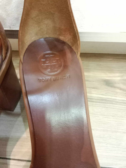 Tory Burch Gabrielle Leather City Heels Sandals Royal Tan