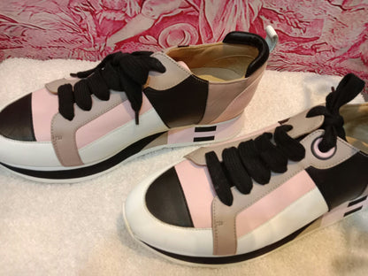 Hermes Rebus Sneakers Rose Aube/Black/White/Taupe Size 37.5