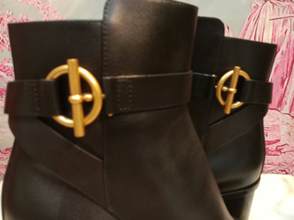 Hermes Jill 60 Ankle Boots Black Calfskin Aged Golden "Glenan" Nautical-Style Buckle Size 38.5