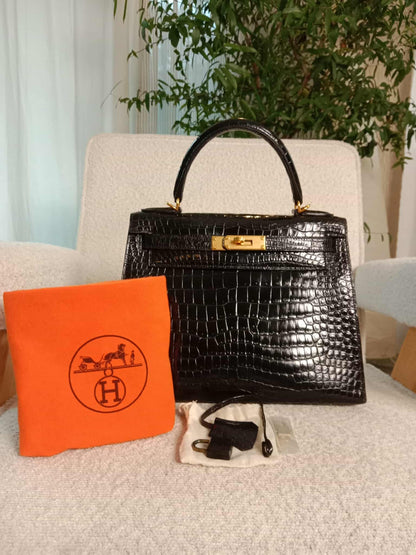 Hermes Kelly 28 Crocodile Noir Stamp S Circle 1989