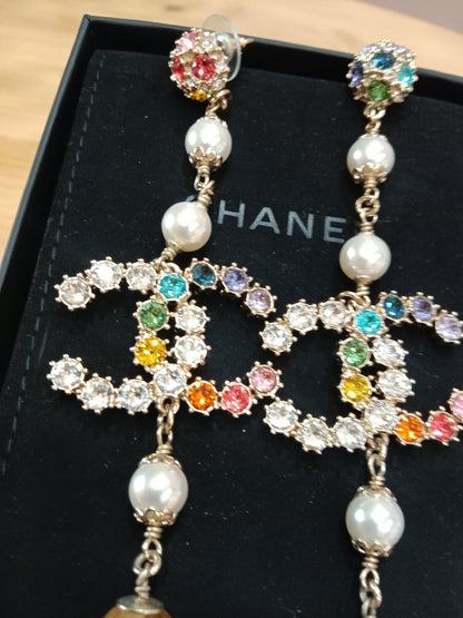 Chanel Rainbow Crystal CC Drop Earrings