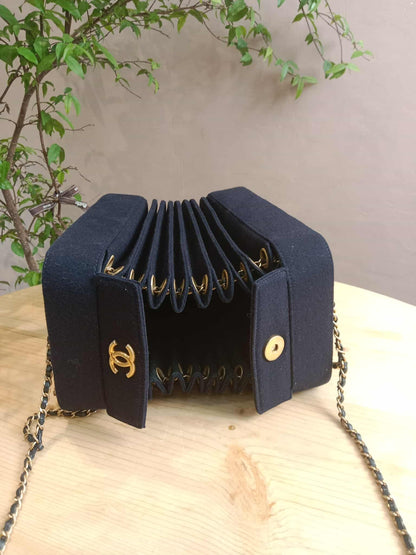Chanel Paris-Hamburg Accordion Quilted Navy Blue Wool Aged Crossbody Runway Bag Series 25