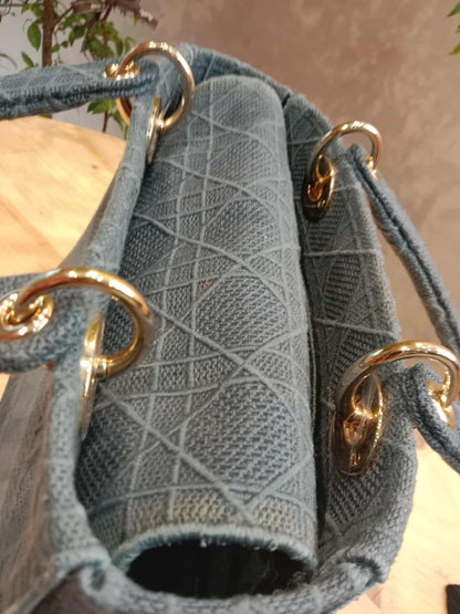 Dior Canvas Embroidered Cannage Medium Lady D-Lite Denim Blue