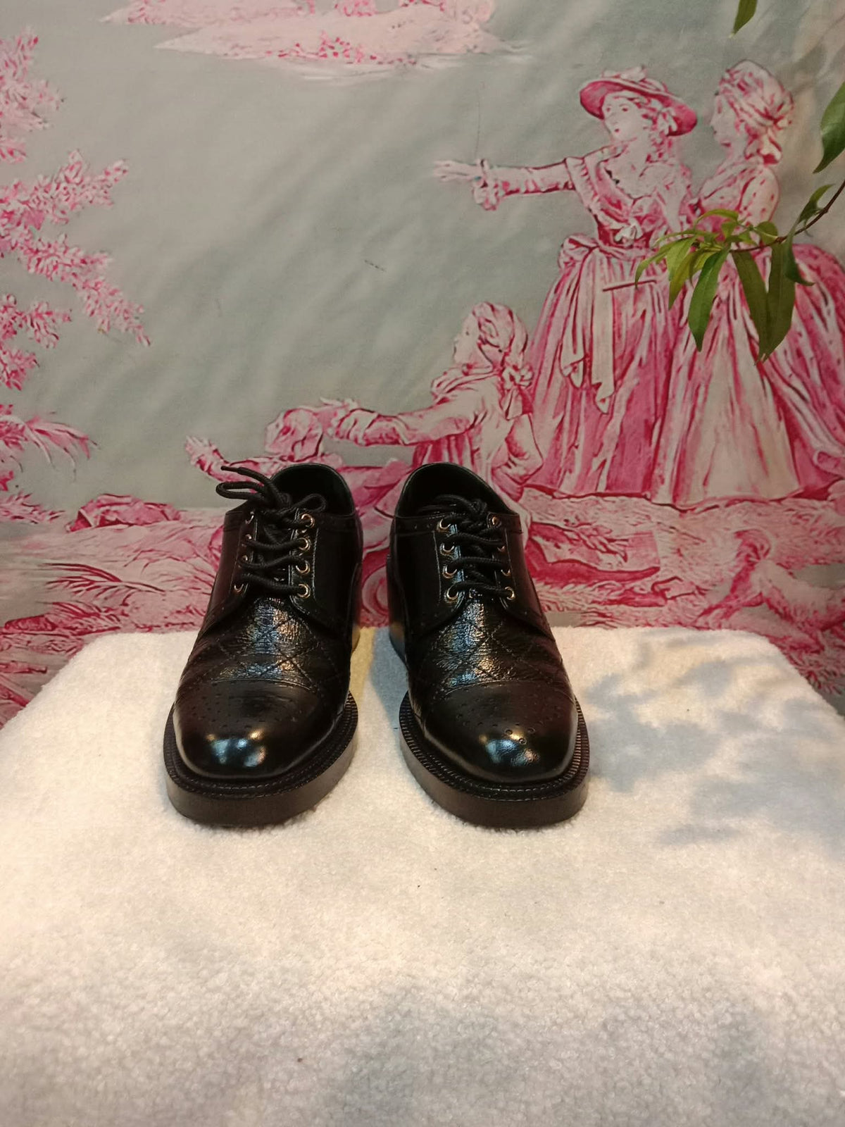 Chanel Quilted Leather Lace-up Oxfords Stacked Heels Black Size 39