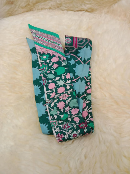 Hermes Tapis Persans Silk Twilly Scarf Featuring an Intricate Floral Pattern in Teal Green/Blue/Pink