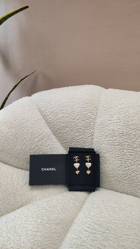 Chanel 22C Heart Pearly White CC Logo Dangling Earrings