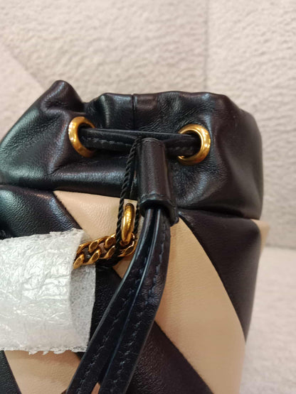 Saint Laurent Alix Stripes Quilted Leather Bucket Bag Bicolor Beige/Black