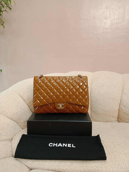 Chanel Quilted Maxi Double Flap Patent Tan Series 15